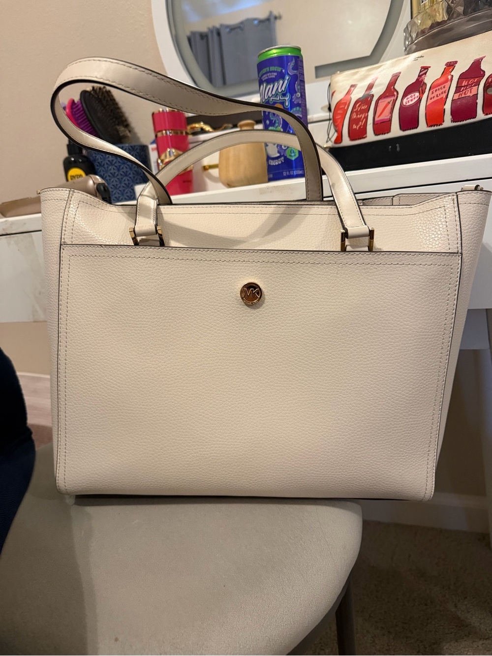 Michael Kors Cream Leather Tote with Gold-Tone Logo